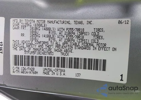 2012 Toyota Tundra Grade 4.6L V8 from USA, damaged, VIN 5TFUM5F18CX037053